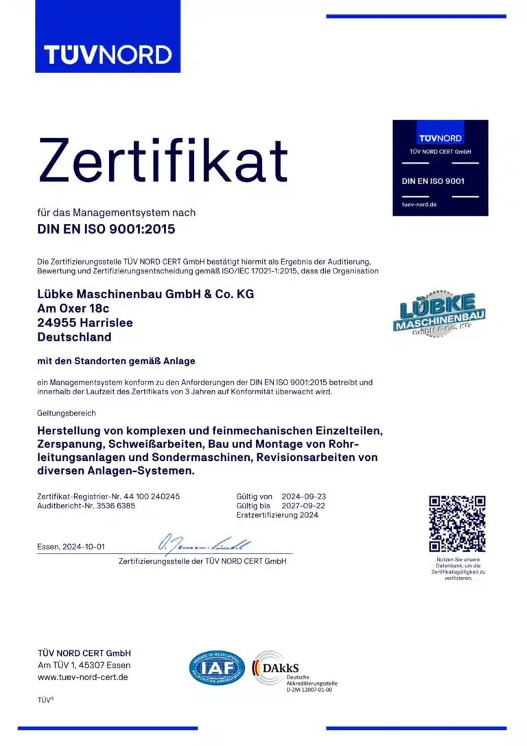 DIN EN ISO 9001 Lübke Maschinenbau